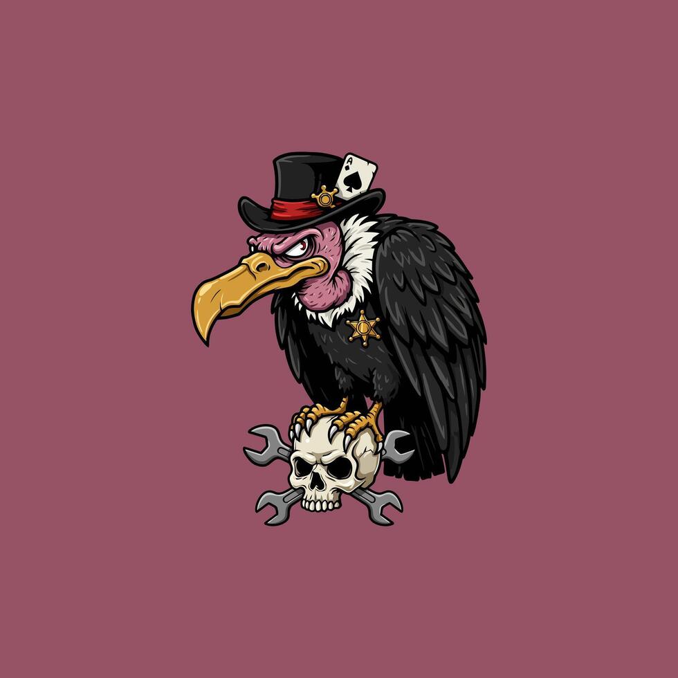 A stylized cartoon vulture wearing a top hat and sheriff badge sits atop a skull with crossed wrenches. vector