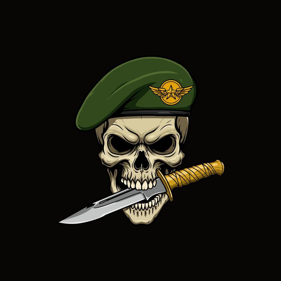 A skull wearing a green beret with a military wing insignia bites down on a dagger blade. vector