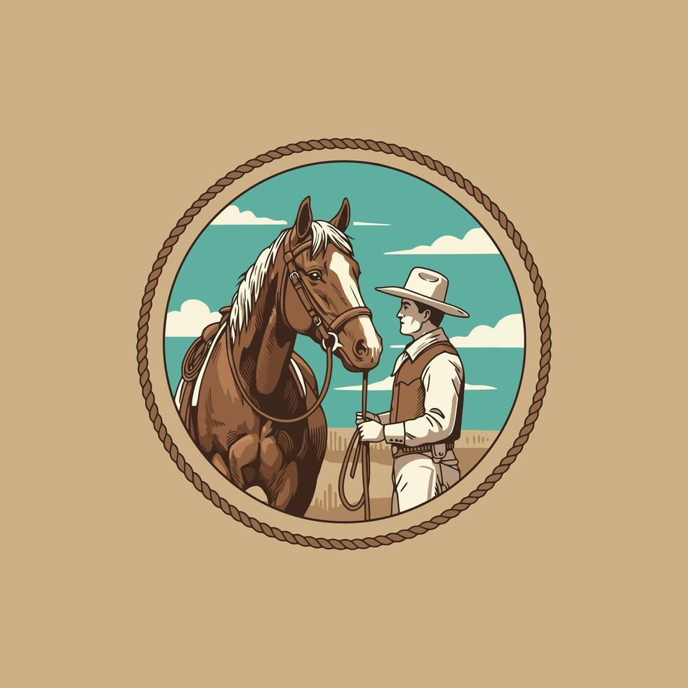 A stylized illustration depicts a cowboy and his brown horse against a scenic western backdrop enclosed in a rope circle. vector