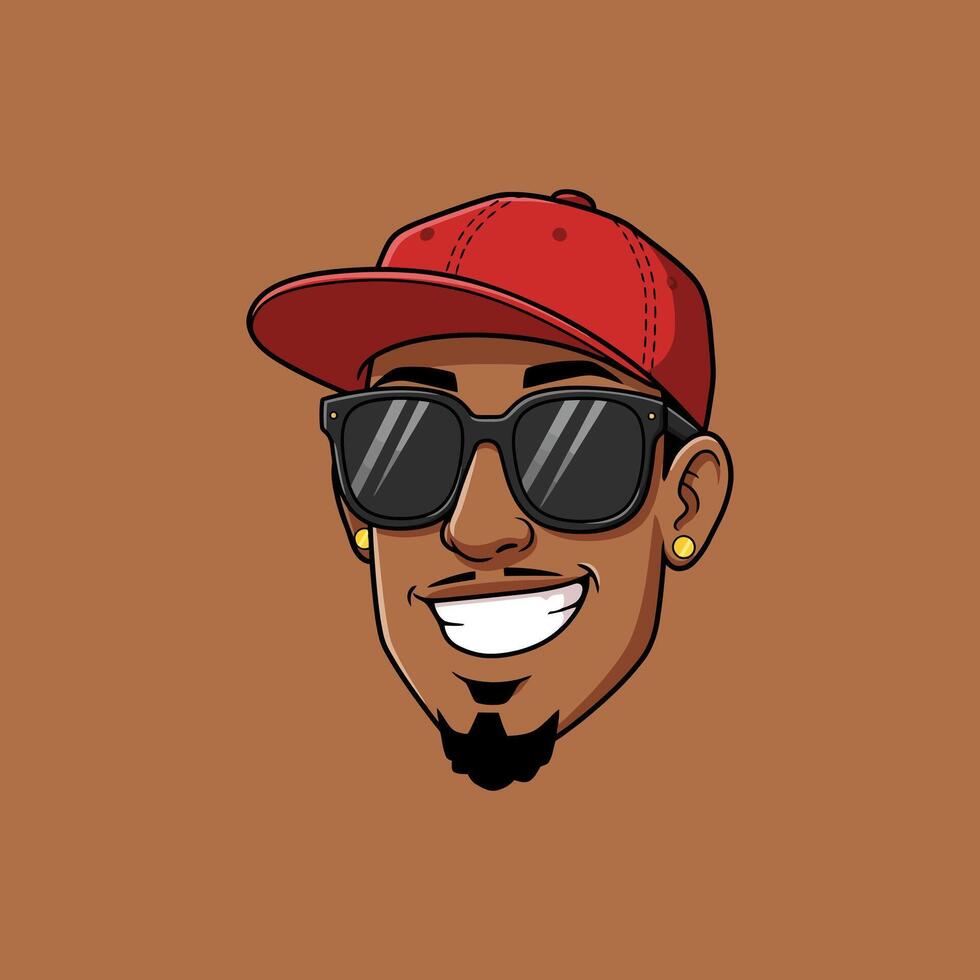 A cartoon illustration of a smiling dark-skinned man wearing sunglasses and a red baseball cap. vector