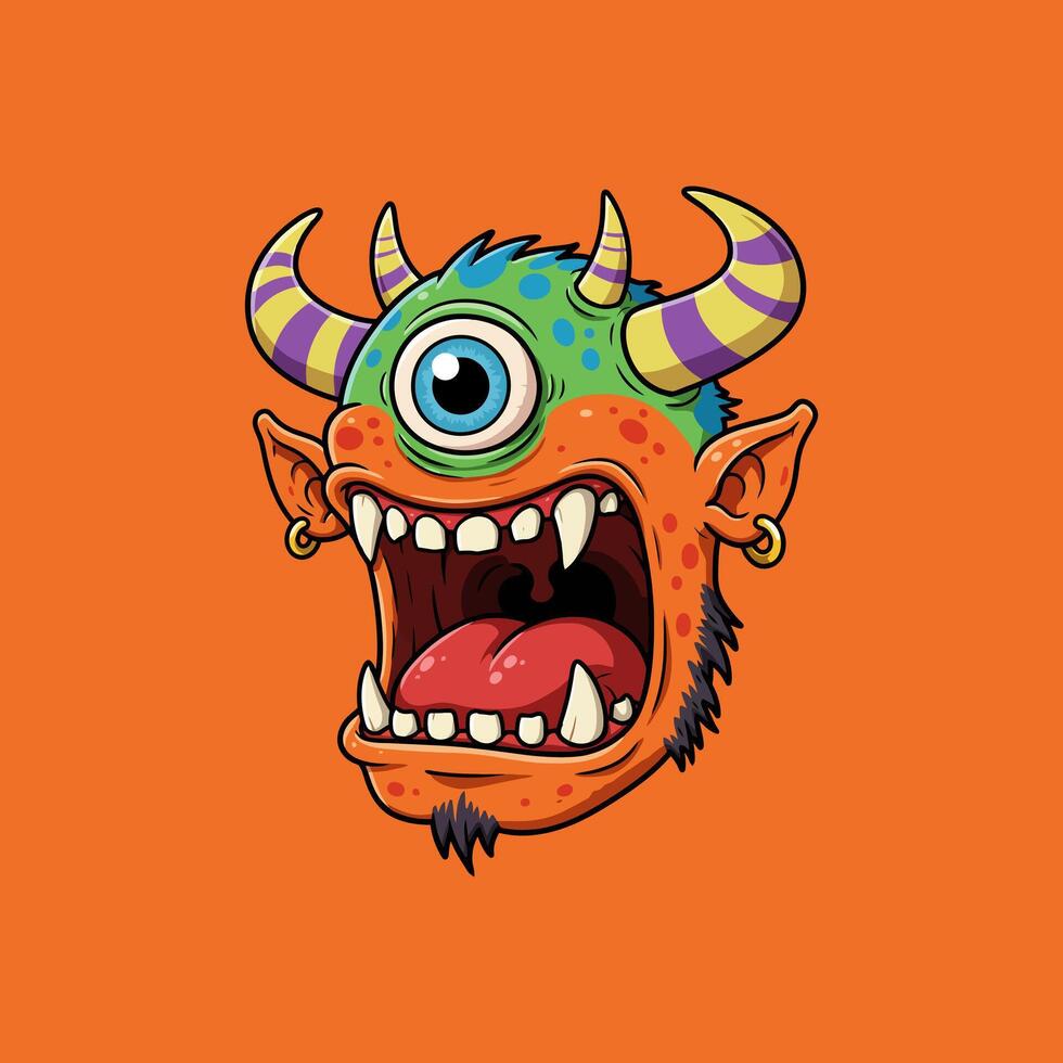 A vibrant cartoon monster with one eye and horns is shown roaring with its mouth wide open. vector