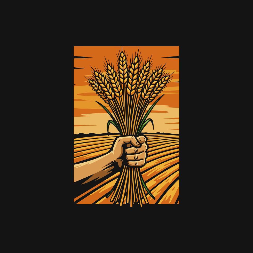 A strong hand grasps a bunch of ripe wheat stalks against a backdrop of a sunlit, harvested field. vector