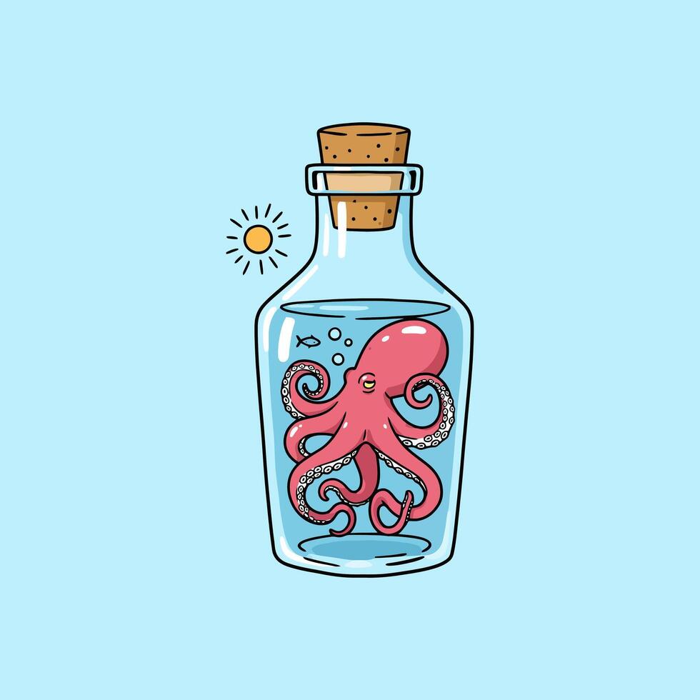 A cheerful cartoon octopus is shown swimming in a glass bottle with a cork stopper a small fish and bubbles are also present. vector