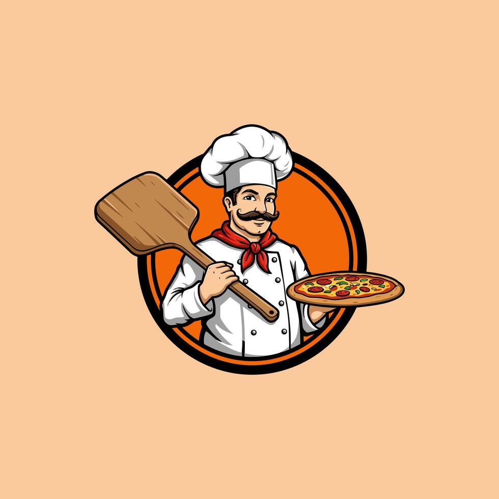 The image depicts a cartoon chef in a white uniform holding a pizza and a wooden peel. vector