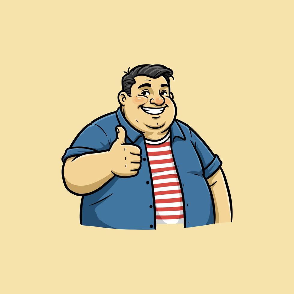 A cartoon illustration of a happy overweight man giving a thumbs up gesture indicating approval or positivity. vector
