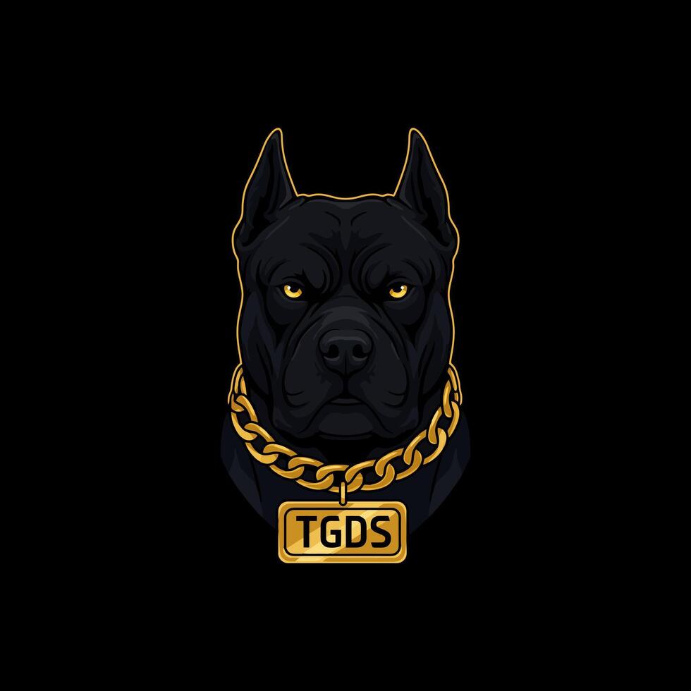 A stylized illustration of a black pitbull's head adorned with a heavy gold chain and a golden tag. vector