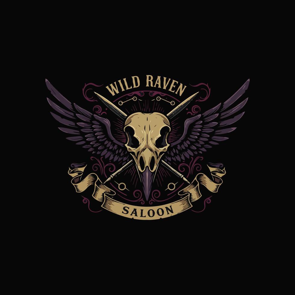 A stylized logo depicts a raven skull with wings crossed by two objects resembling quill pens below a banner reading Saloon. vector