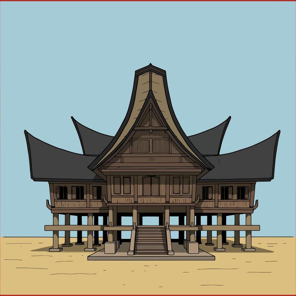 The image showcases a detailed illustration of a traditional Indonesian house, characterized by its unique elevated structure and distinctive curved roof. vector