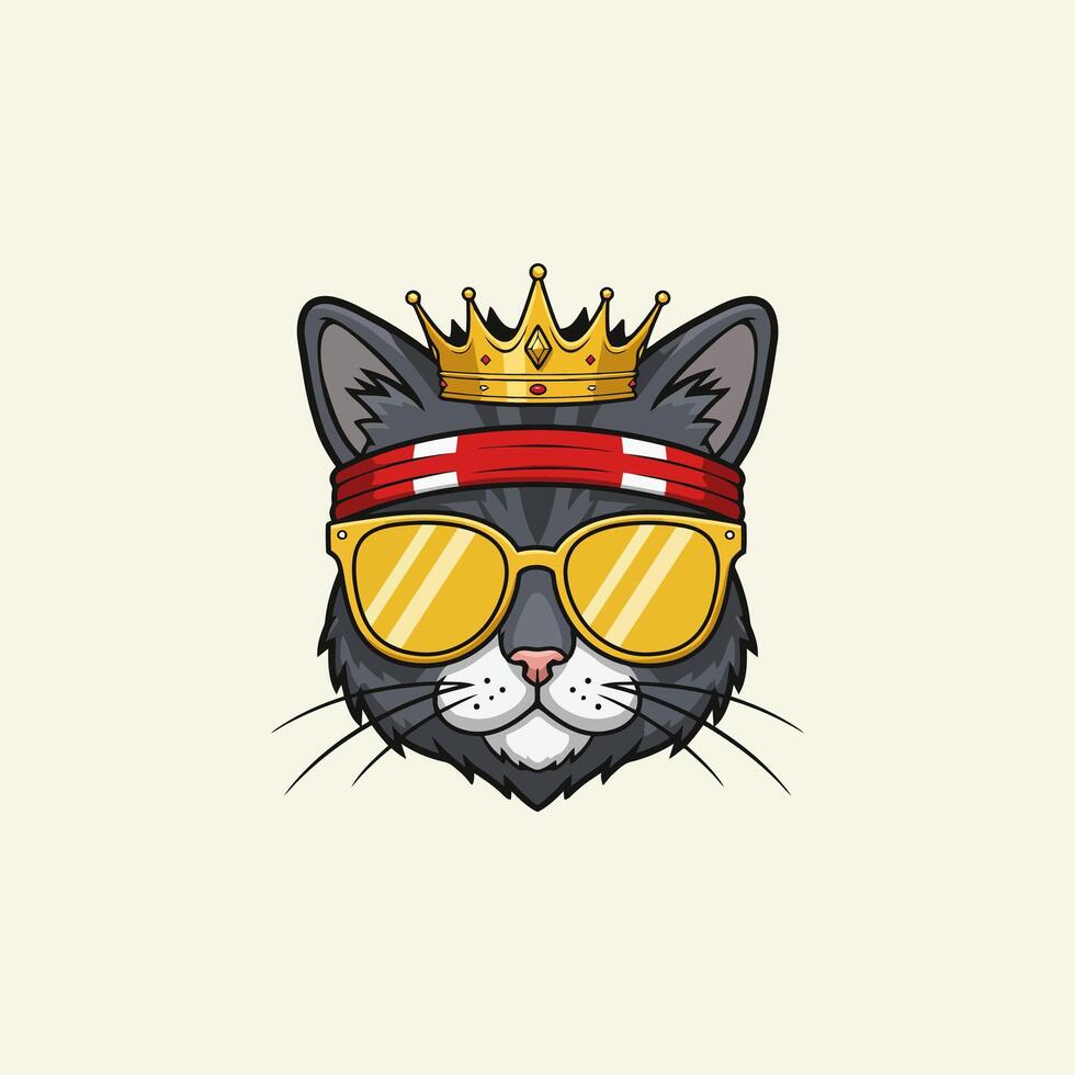 The image shows a stylized cartoon cat wearing a golden crown, sunglasses, and a red bandana. vector