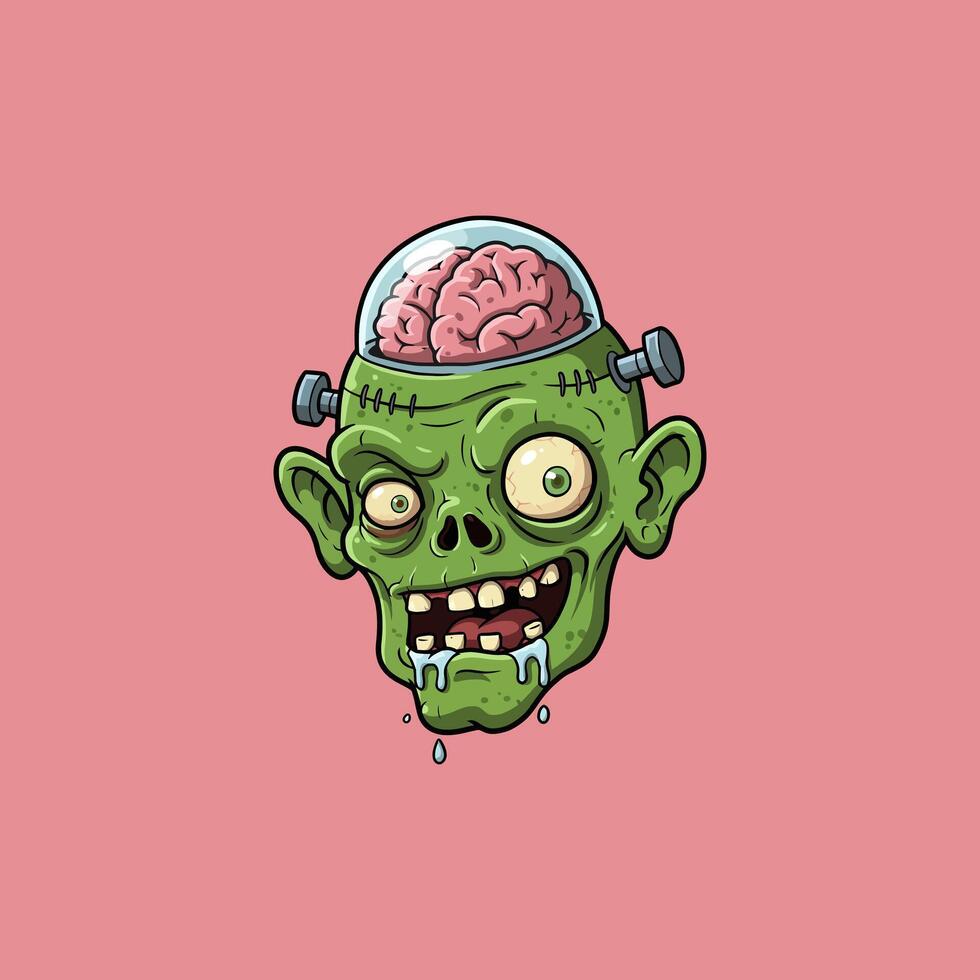 The image shows a cartoon illustration of a green zombie head with its brain exposed inside a glass dome. vector