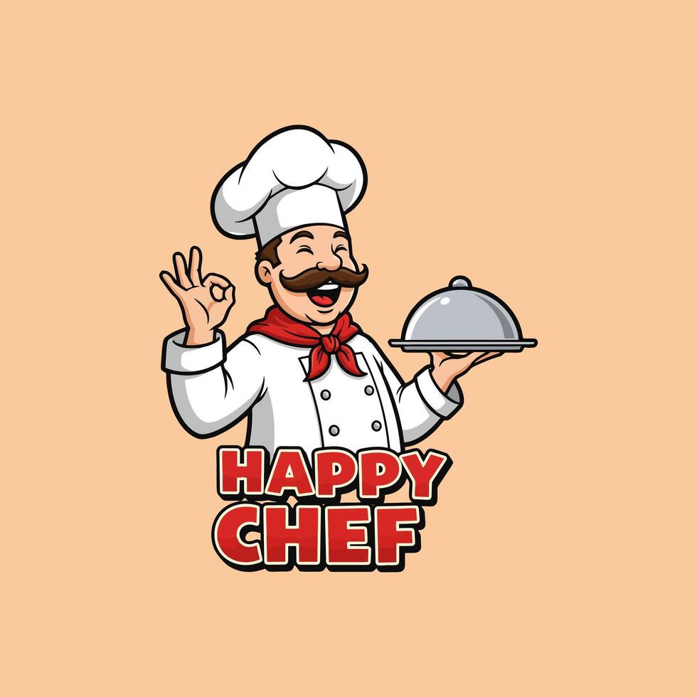 A cheerful cartoon chef in a white uniform holds a silver platter and gives an okay hand gesture. vector