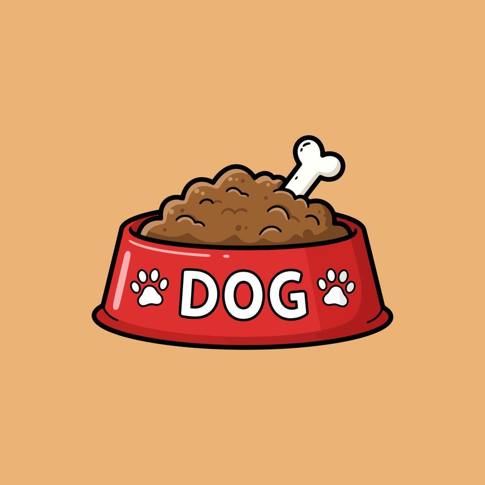 A cartoon illustration of a red dog bowl filled with dog food and a bone. vector