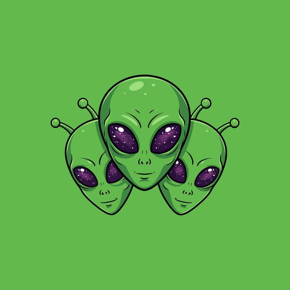 An illustration shows three friendly green alien heads clustered together each with galaxy-filled eyes. vector