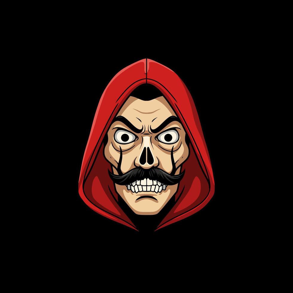A stylized illustration of an angry skull face with a mustache wearing a red hooded jacket. vector