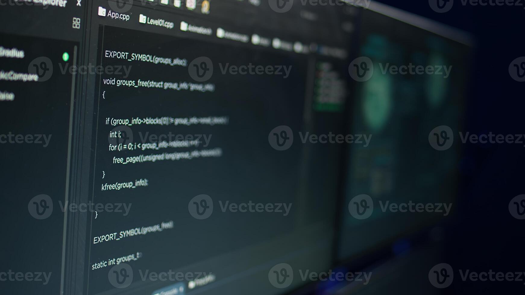 Desk with decorations in empty criminals den and hacking software interface on PC screens. Equipment in apartment used for deploying malware programming script on displays in underground base photo