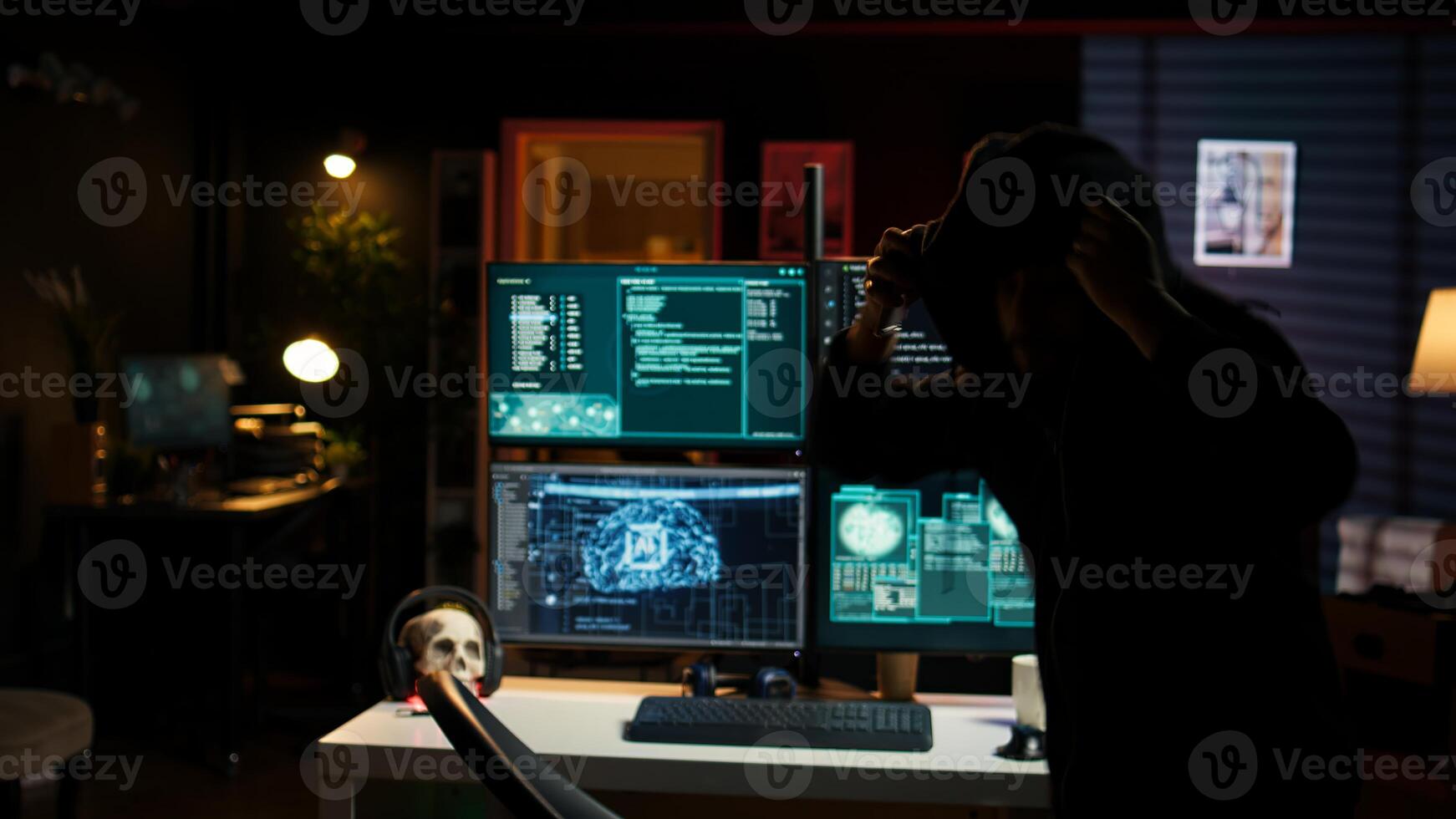 Hackers found by cybercriminal law enforcement escaping with stolen data on SSD after failing to conceal online identity. Criminal in hideout running from police after hacking into servers, camera B photo