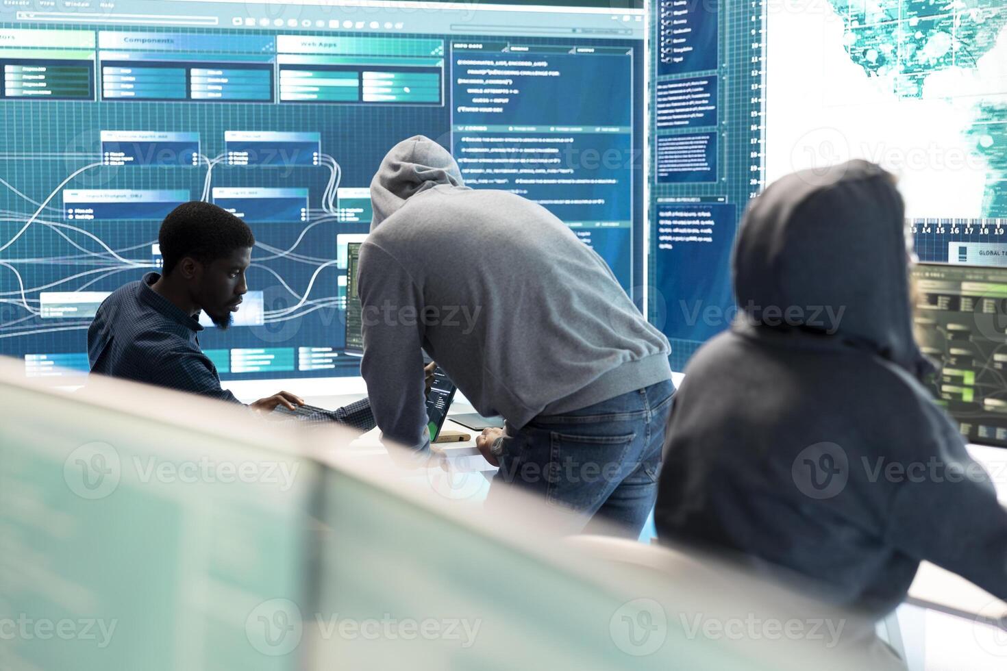 Professional IT expert working in a governmental security operations center, analyzing data on a big screen. Highlighting the importance of cyber security monitoring and threat analysis. photo