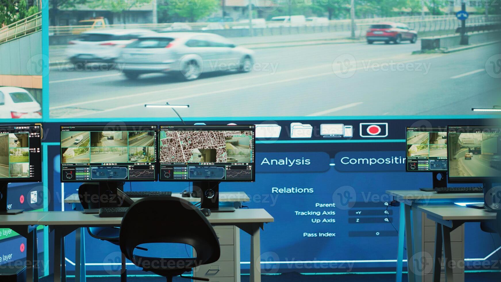 Empty federal office oversees public safety and manages traffic surveillance on CCTV security cameras. Satellite communication observation handled in monitoring room with big display. photo