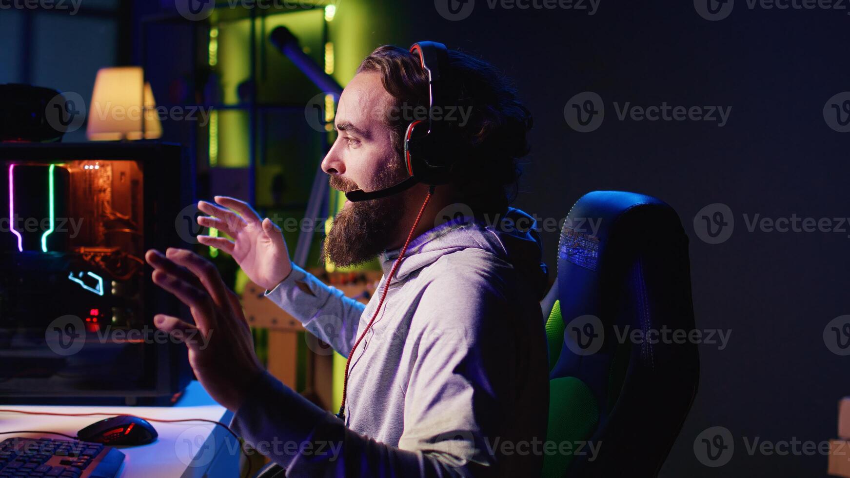 Gamer feeling surprised after losing mission while playing spaceship videogame, unsure of what he did wrong. Man questioning himself after getting flying spacecraft destroyed by more powerful enemies photo