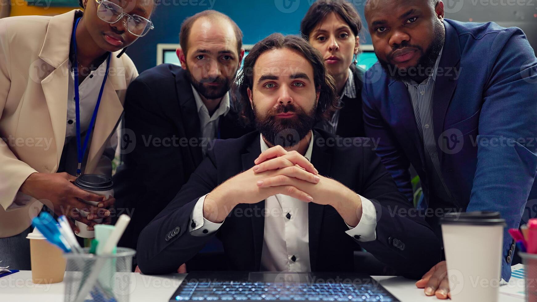 POV of project team presenting their progress with the supervisor in a corporate briefing meeting, creating a pitch to make crucial decisions that benefit the organization interests. Camera A. photo