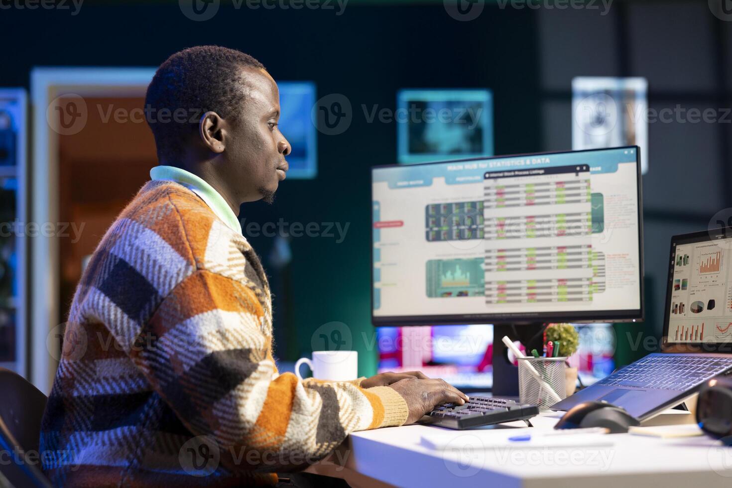 Person examining capital funds online for a new program at home, studying finances and accounting management on a software. Employee specialist doing remote work, startup analysis. photo