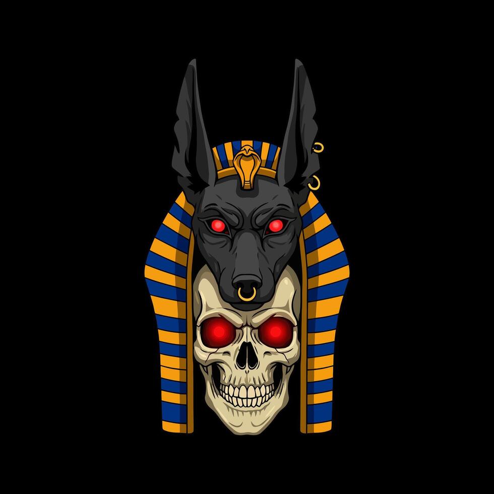 A stylized image depicts Anubis's head atop a skull wearing an Egyptian headdress with glowing red eyes. vector