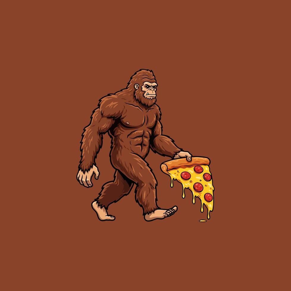 A cartoon illustration of Bigfoot walking and carrying a melting pepperoni pizza slice. vector