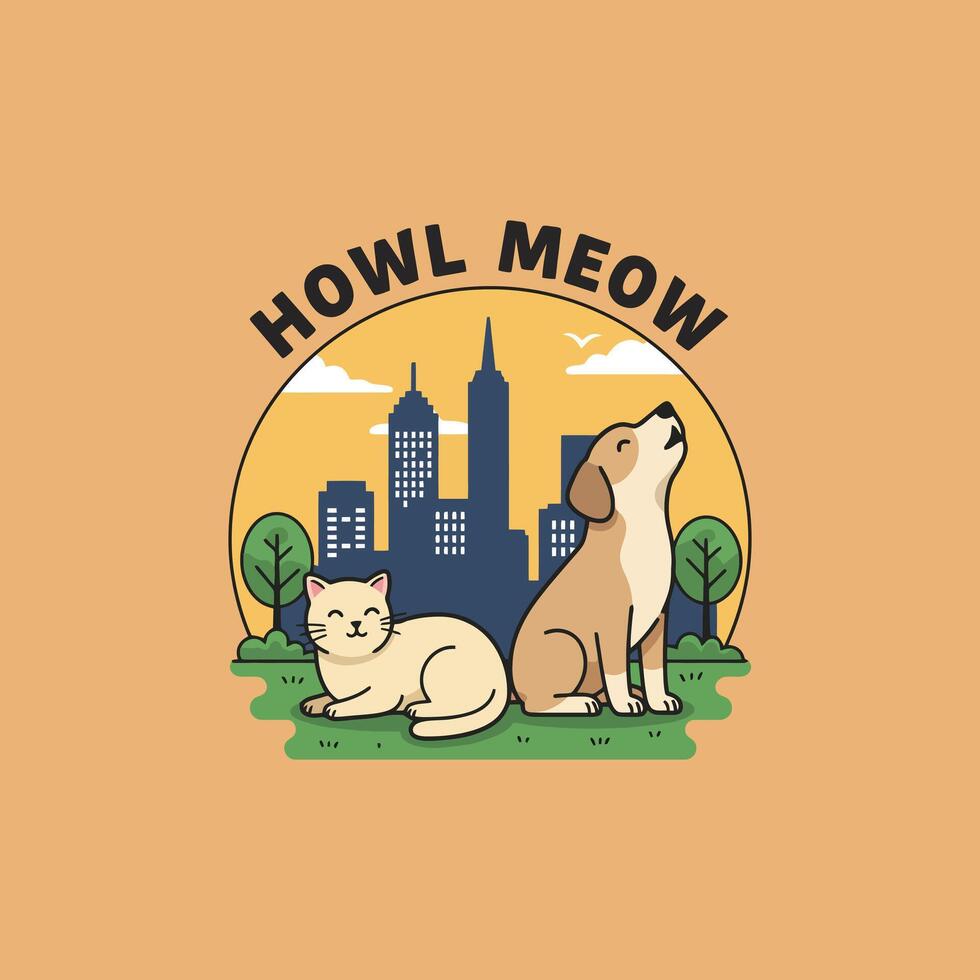 A cartoon illustration depicts a dog and cat sitting together in a city park against a sunset backdrop. vector