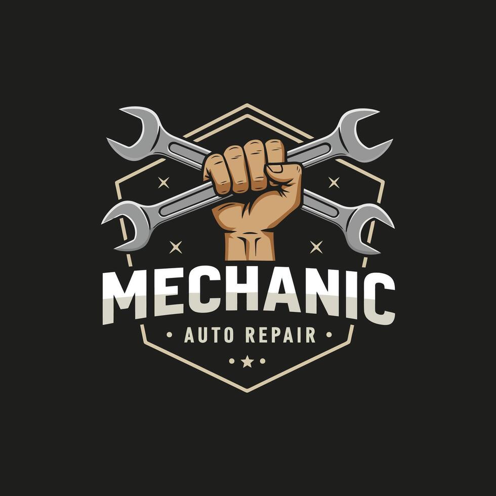 A powerful logo for an auto repair shop showcasing a strong hand gripping wrenches. vector