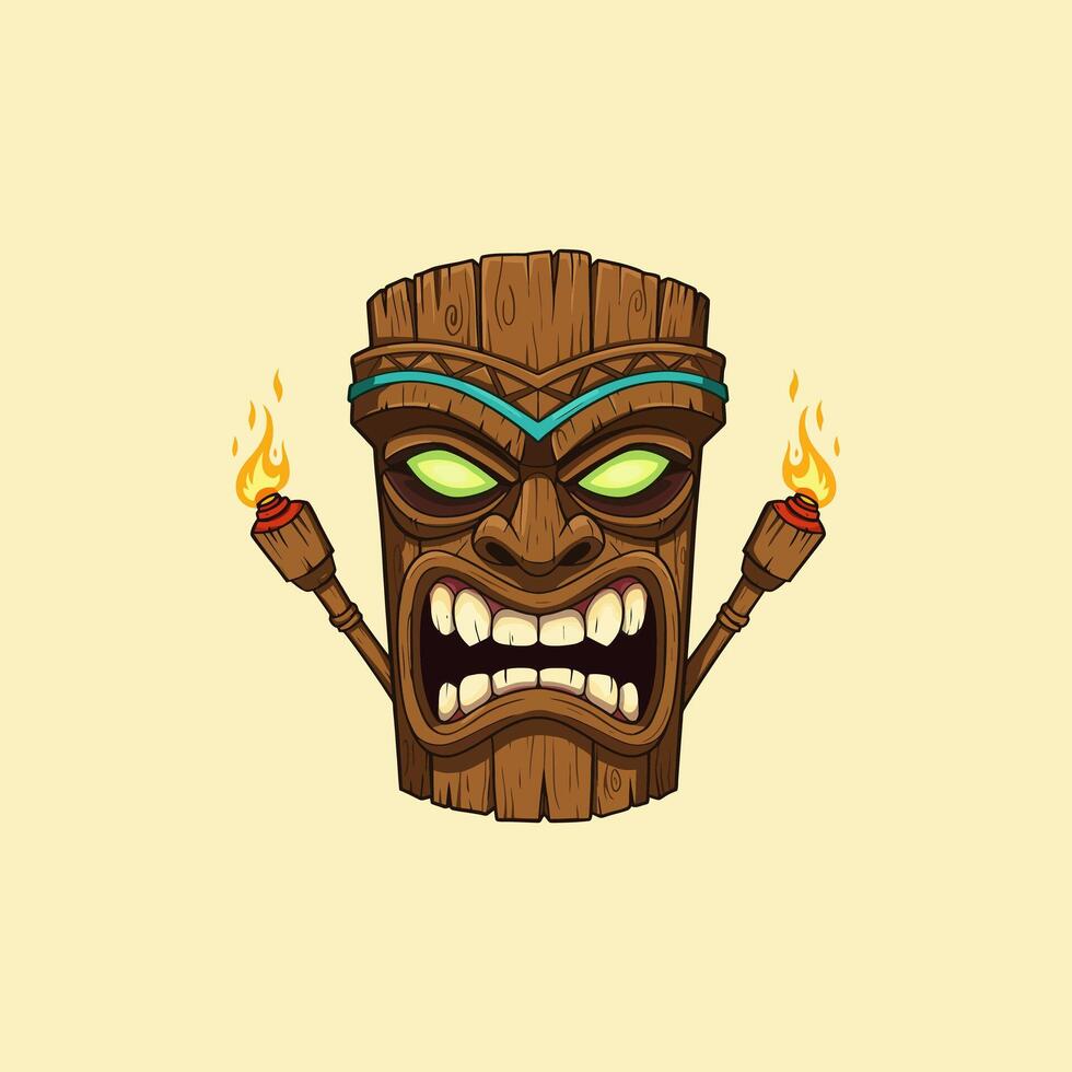 A cartoon illustration depicts an angry tiki idol with glowing eyes holding flaming torches. vector