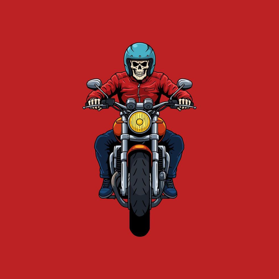 A skull wearing a helmet rides a classic orange motorcycle against a red background in a stylized illustration. vector