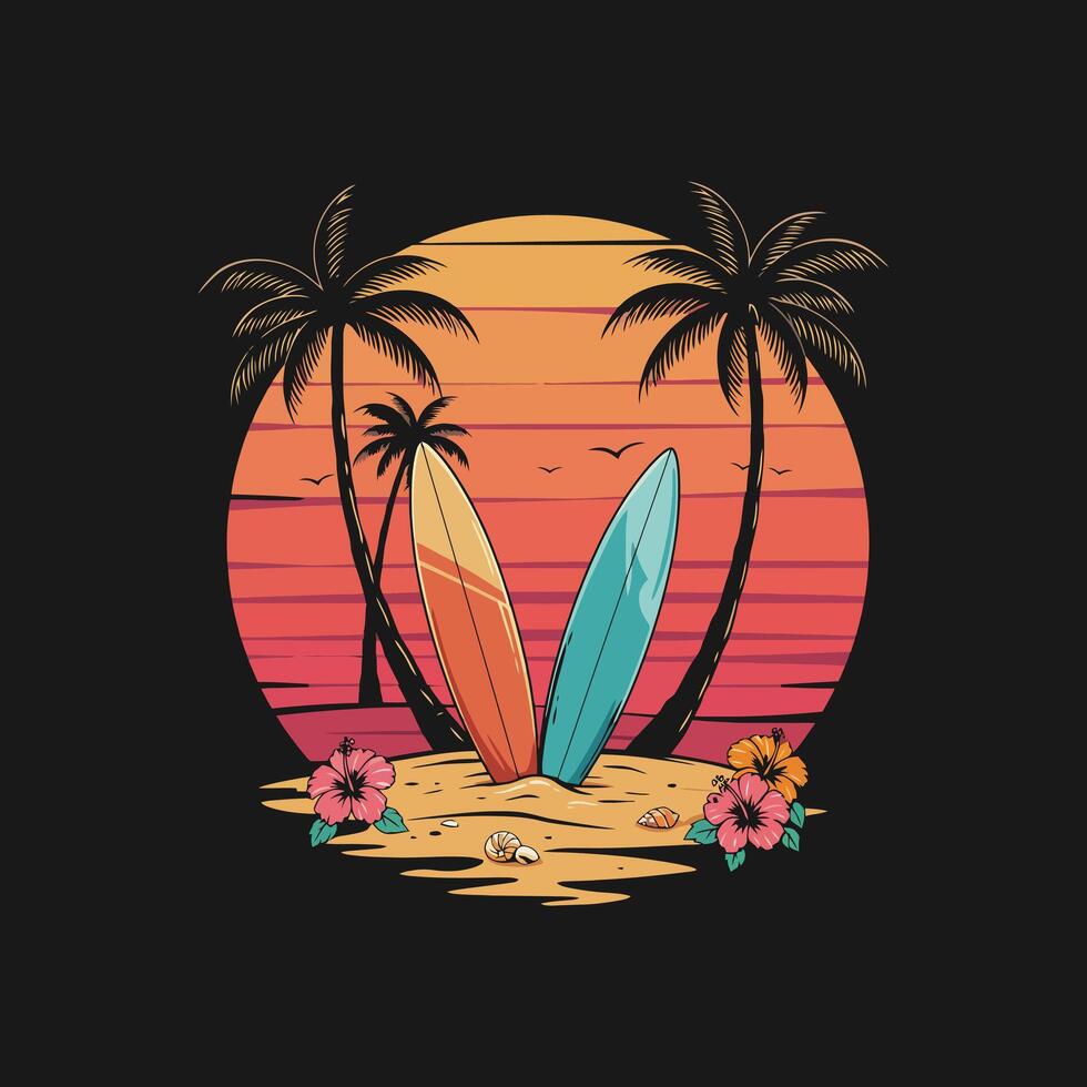 Surfboards, palms, sunset beach scene. vector