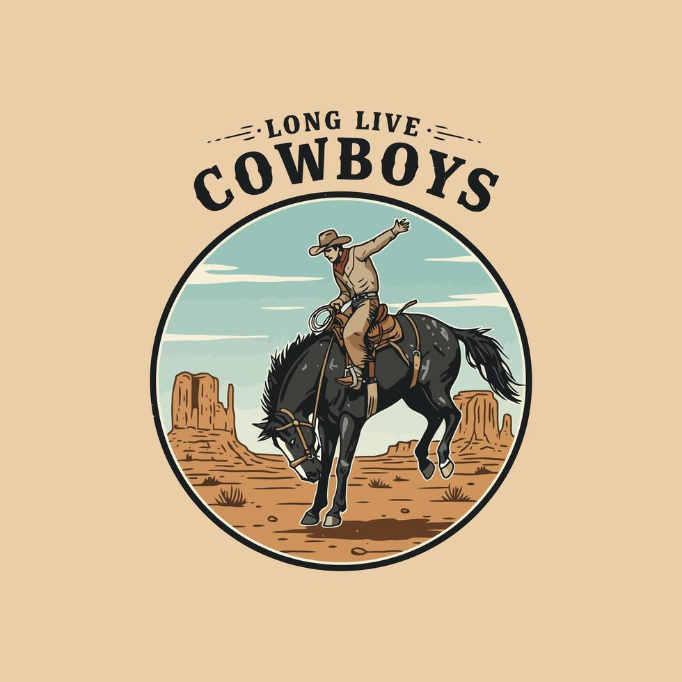 A vintage illustration depicts a cowboy bravely riding a bucking bronco in a dramatic desert setting. vector