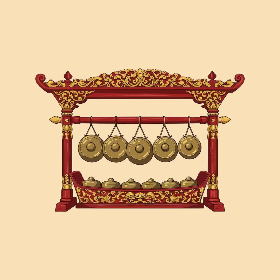 The image shows a detailed illustration of a gamelan, a traditional Indonesian musical instrument set, displayed on an intricately carved wooden frame. vector
