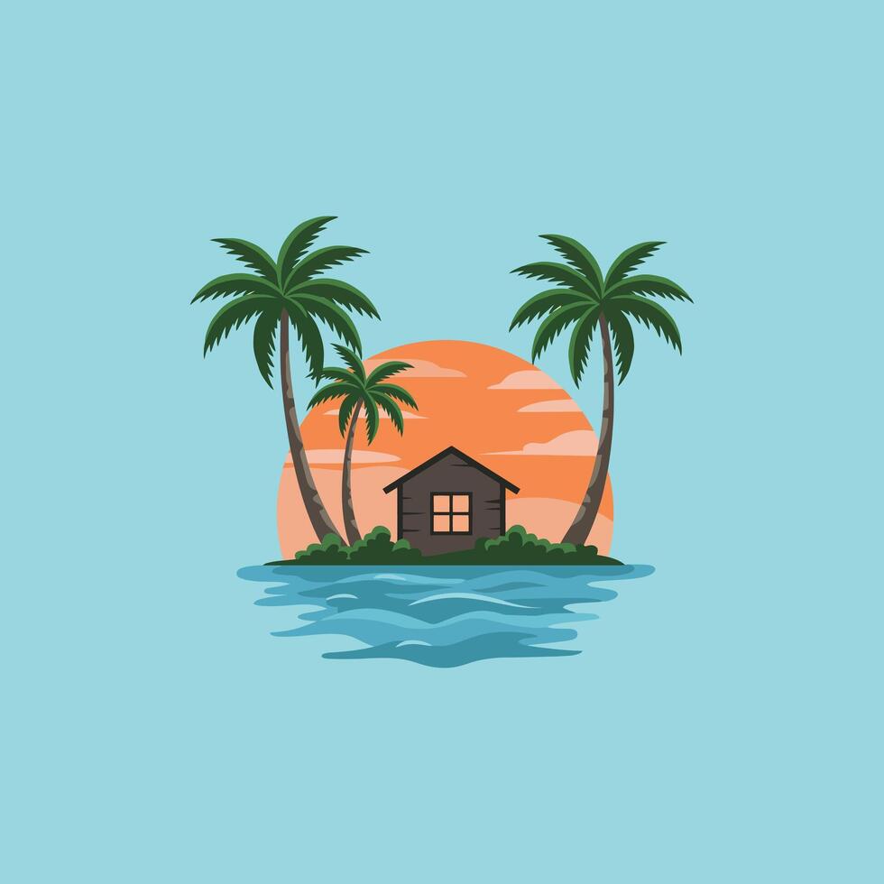 A small house sits on a tropical island surrounded by palm trees at sunset, overlooking calm ocean waters. vector