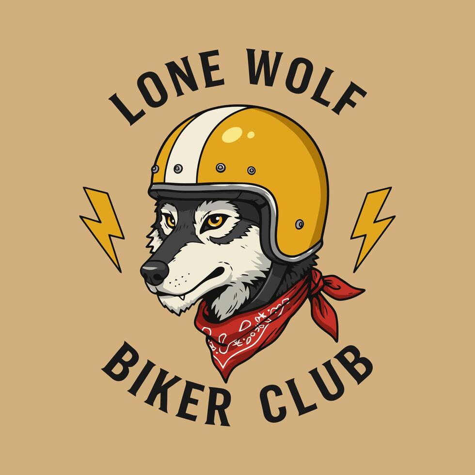 A stylized wolf wearing a yellow helmet and red bandana is the central image of a Lone Wolf Biker Club logo. vector