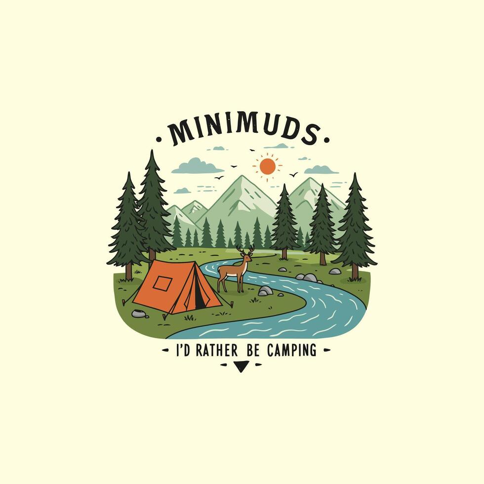 A minimalist illustration depicts a serene camping scene in a mountain forest with a tent deer and river. vector