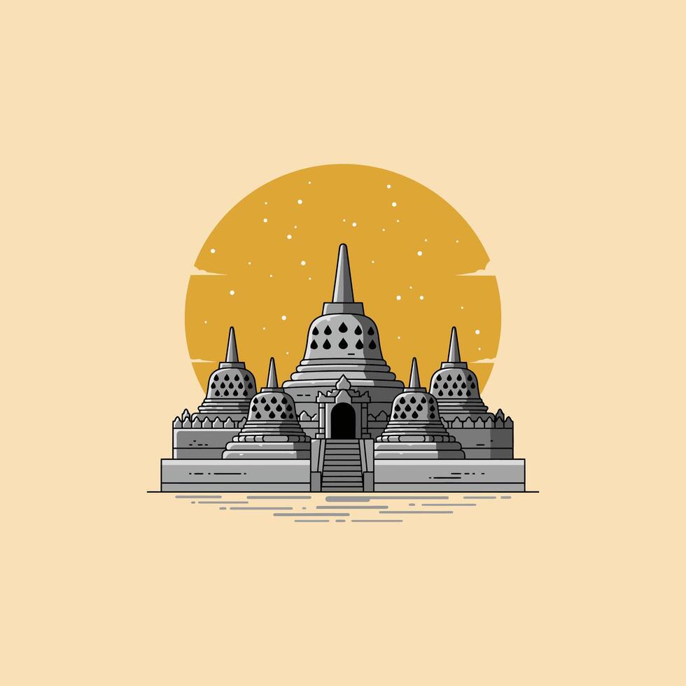 A minimalist illustration depicts the Plaosan Temple in Java Indonesia against a stylized sunset. vector