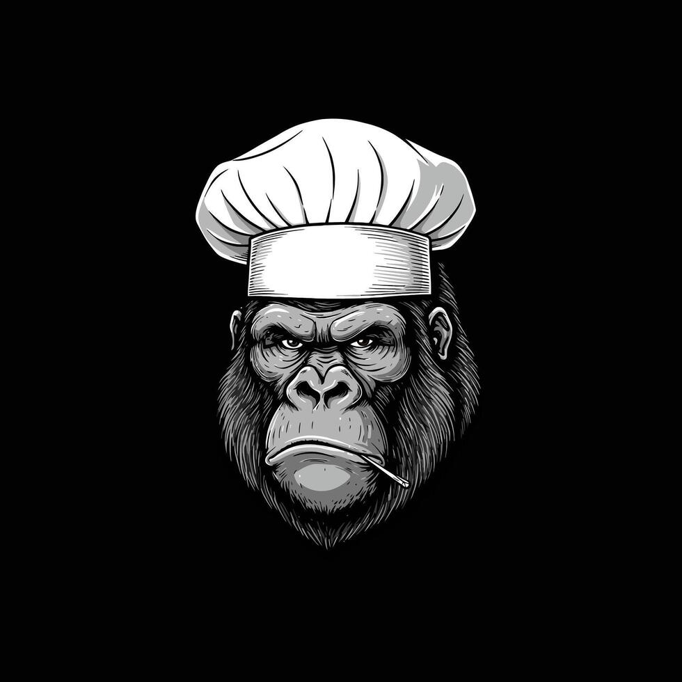 A monochrome illustration depicts a gorillas head wearing a chefs hat a serious expression and a cigarette in its mouth. vector