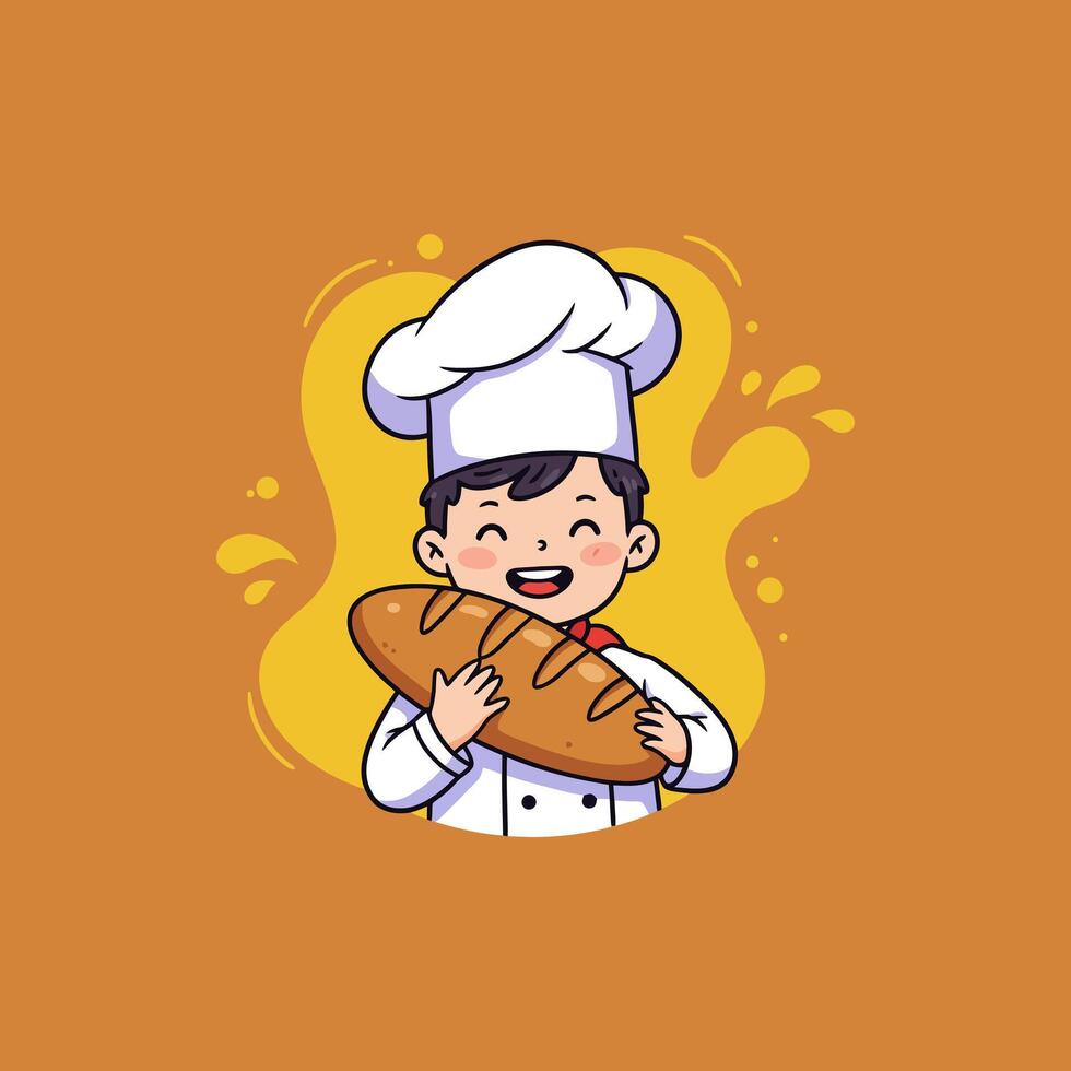 A cheerful cartoon illustration of a young boy baker proudly holding a freshly baked loaf of bread. vector