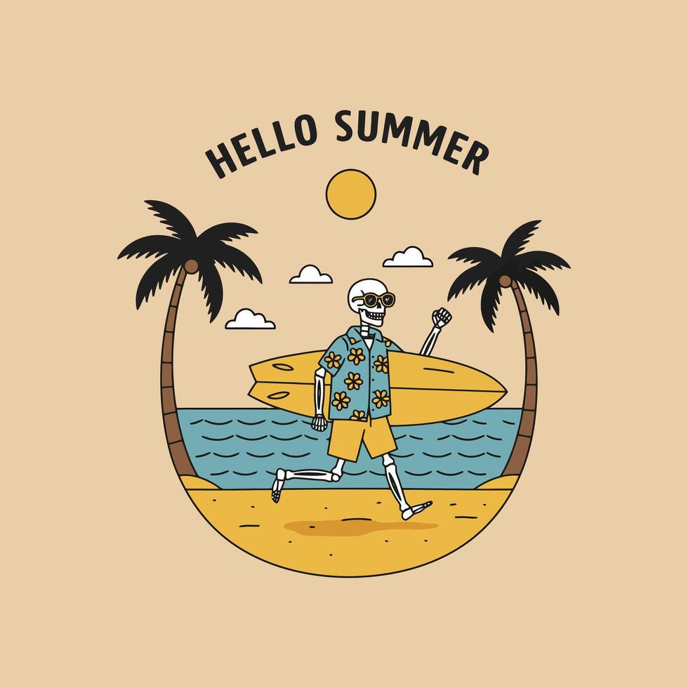 A cheerful skeleton in summer attire carries a surfboard along a tropical beach under a bright sun. vector