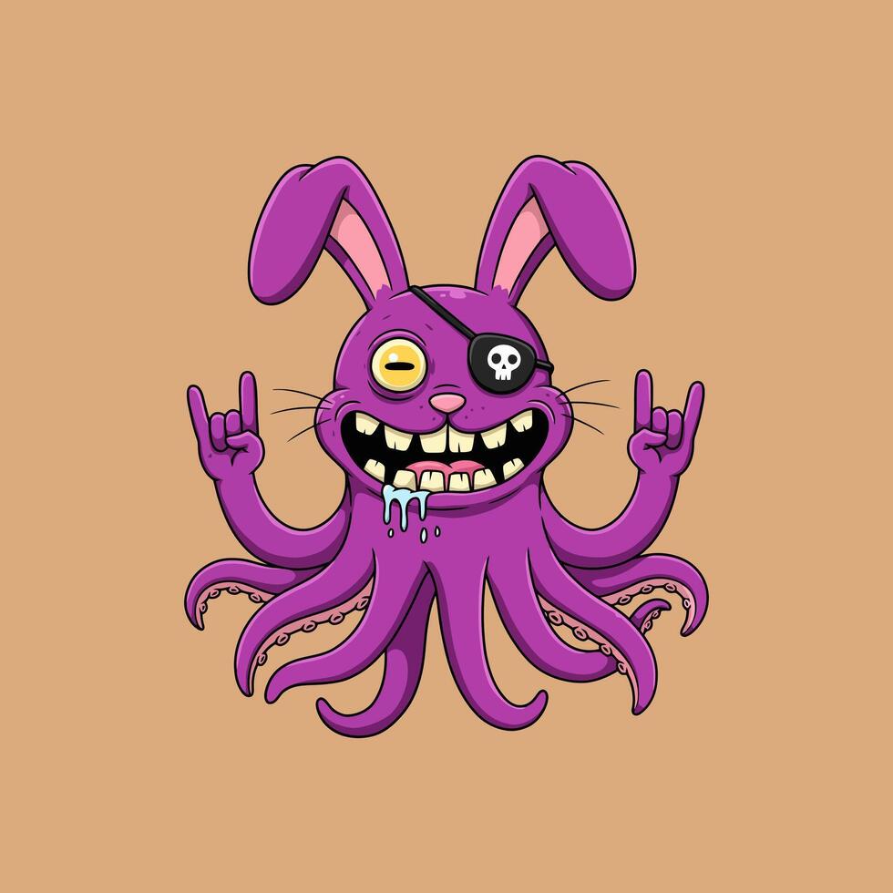 This image depicts a cartoon illustration of a purple rabbit with octopus tentacles, wearing an eyepatch and making rock hand signs. vector