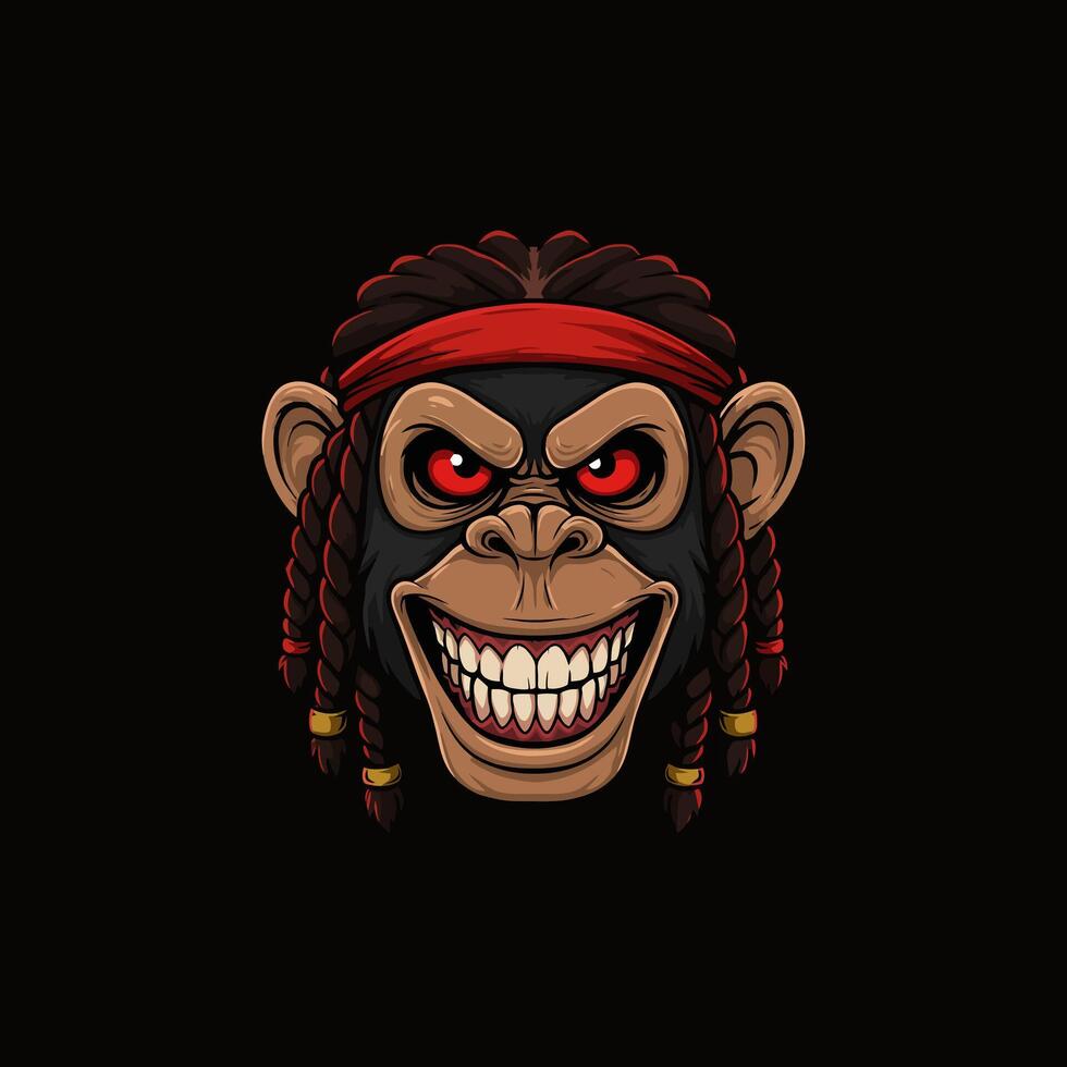 A stylized illustration of an angry chimpanzee with red eyes, dreadlocks, and a red headband. vector