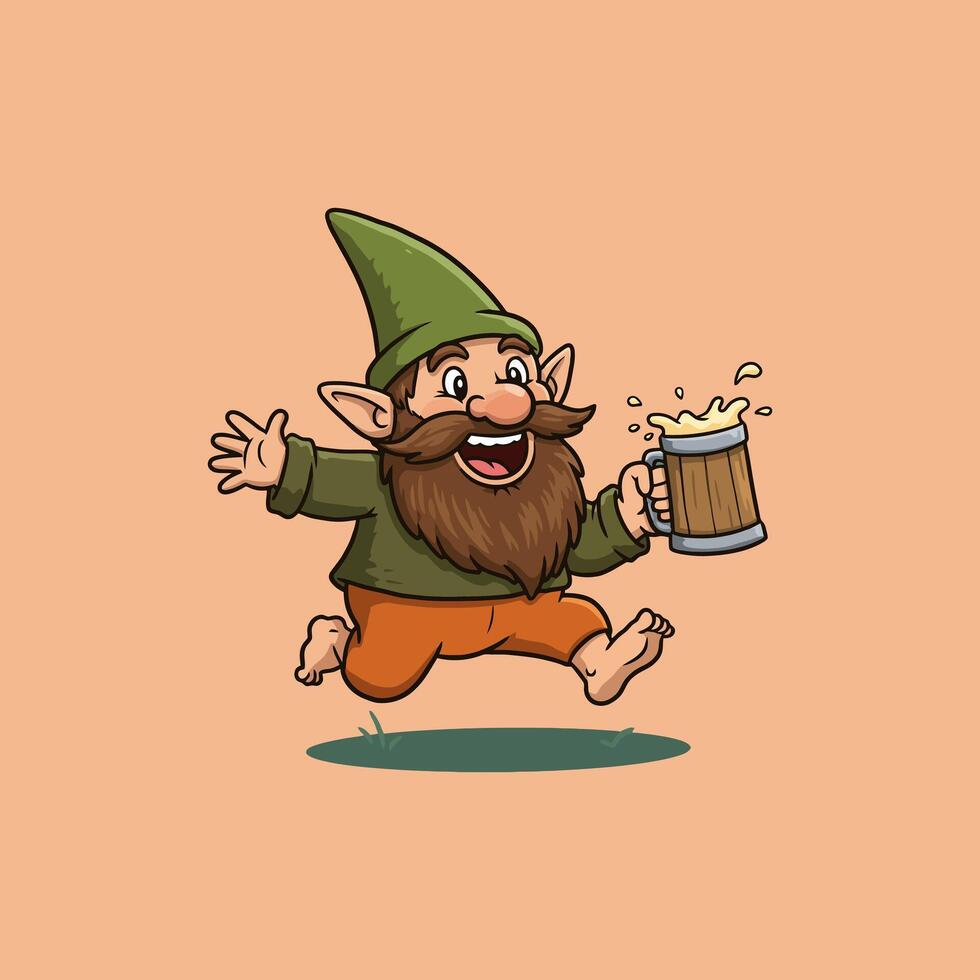 A cheerful cartoon gnome joyfully runs while carrying a mug of frothy beer. vector