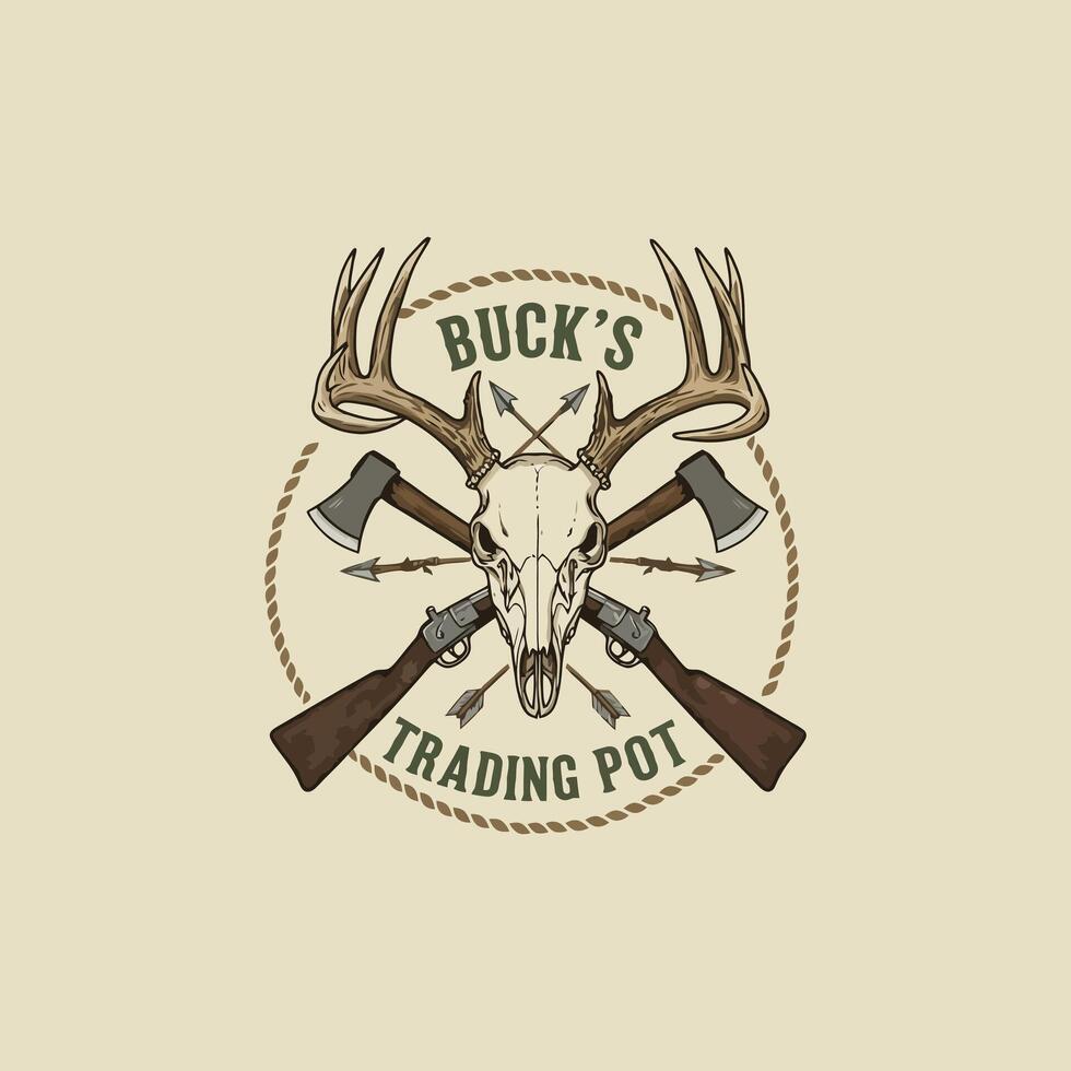 A vintage logo design showcasing a deer skull flanked by crossed axes and arrows within a rope circle and text. vector