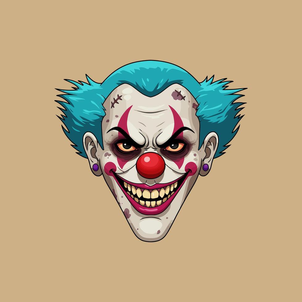 A frightening illustration of a clowns face with a wicked smile and blue hair. vector