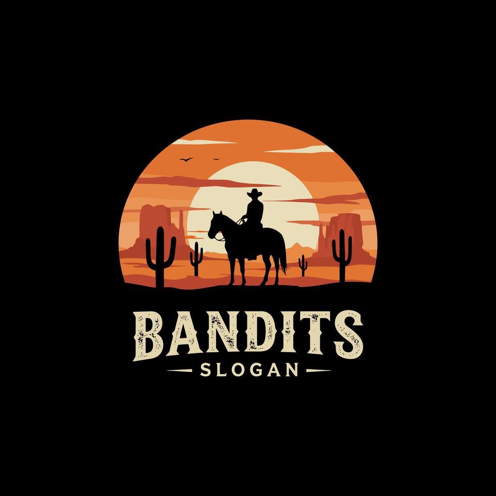 A logo depicting a lone cowboy riding a horse against a vibrant sunset backdrop in a desert setting with cacti and rock formations. vector