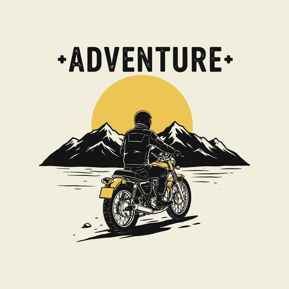 A lone motorcyclist rides towards a majestic mountain range under a vibrant sunset, embodying the spirit of adventure. vector
