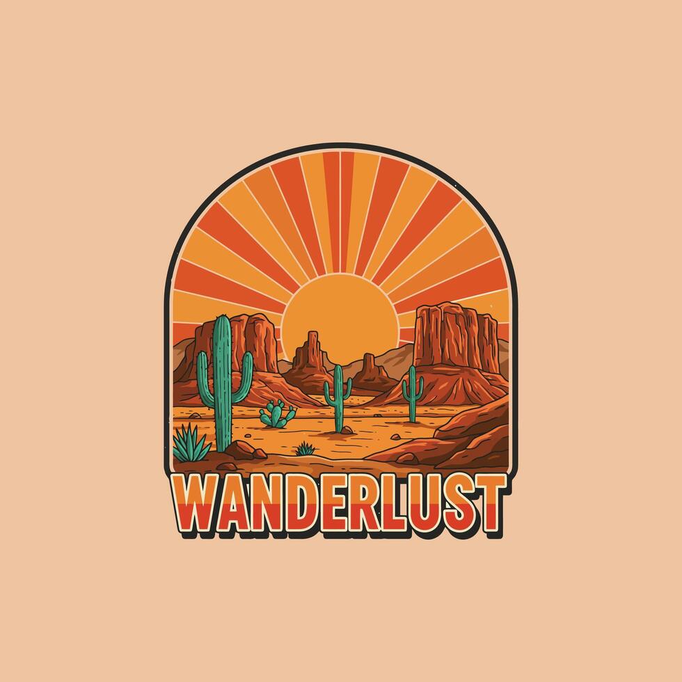 A stylized illustration depicts a desert landscape at sunset with cacti and rock formations, embodying the feeling of wanderlust. vector