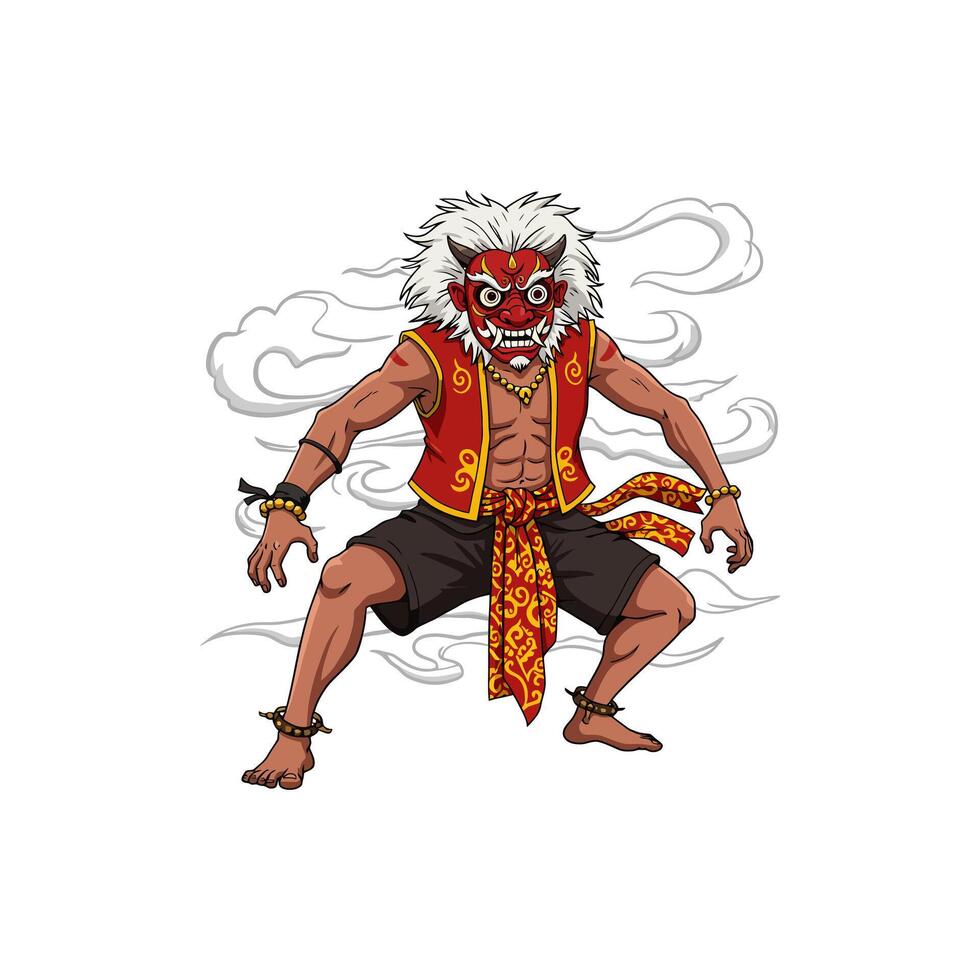 A powerful illustration depicts an Indonesian Barong dancer in a dynamic, fierce pose, wearing a traditional red mask and costume. vector
